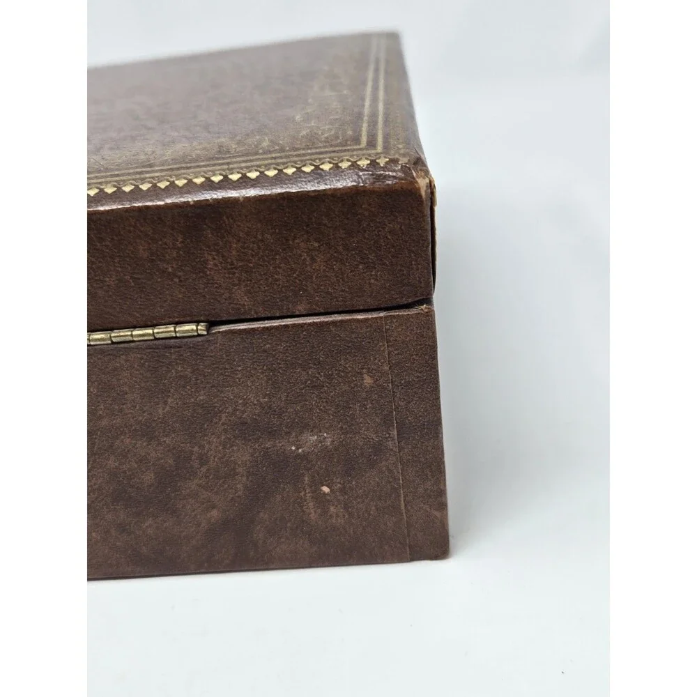 VINTAGE MELE TWO TIER BROWN FAUX LEATHER JEWELERY BOX GOLD FILIGREE CREAM VELVET